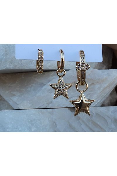 NFS BUTİK Set of 3 Steel Earring Models with Zircon & Baguette Stones
