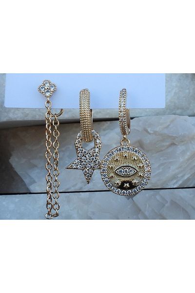 NFS BUTİK Set of 3 Steel Earring Models with Zircon & Baguette Stones