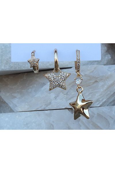 NFS BUTİK Set of 3 Steel Earring Models with Zircon & Baguette Stones