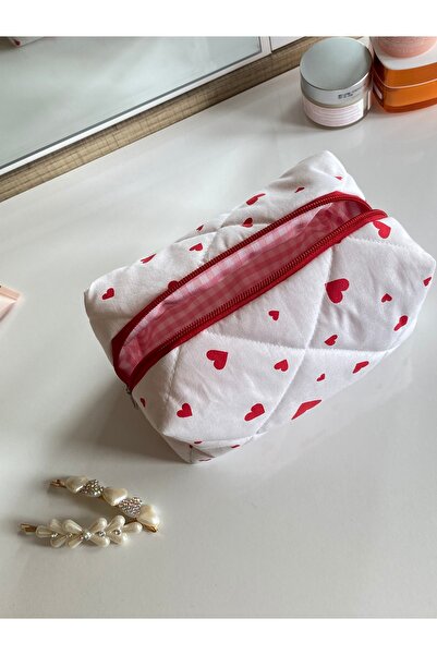 1çokşey Makeup Bag, Red Heart Detailed Makeup Bag