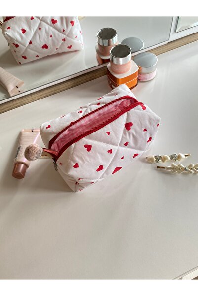 1çokşey Makeup Bag, Red Heart Detailed Makeup Bag
