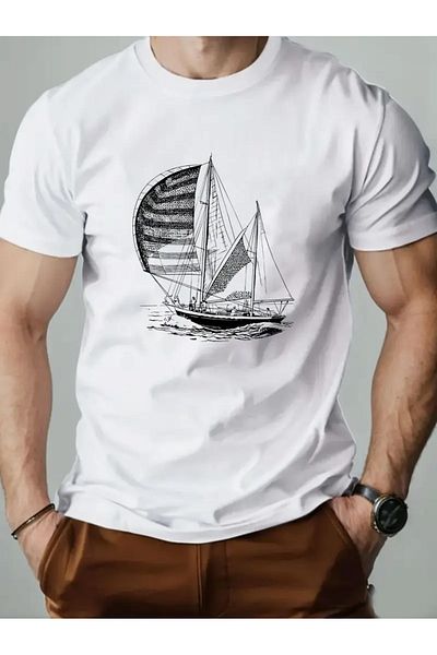 AEMİ Unisex Sailing Ship Printed Oversize Crew Neck T-Shirt