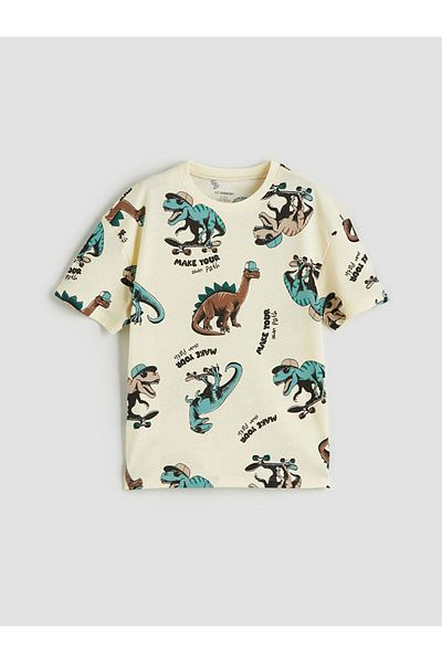 LC Waikiki Beige Dinosaur Printed Boys' T-Shirt and Shorts 2-Piece Set