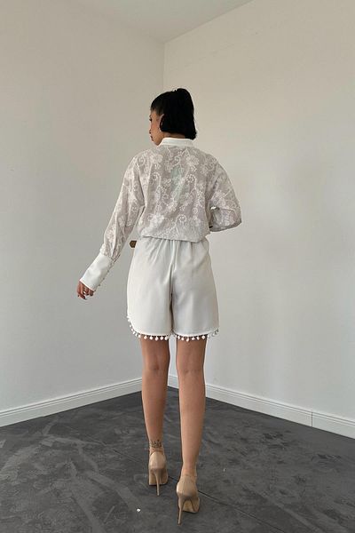 369 etnik butik Women's White Lace Detailed Transparent Shirt & High Waist Pompom Shorts Set