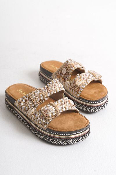 SEEM & BE Romy Seashell Beaded Women's Beige Slippers