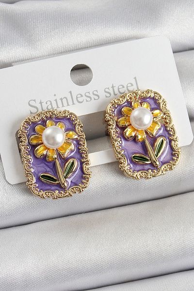 Toptan Bulurum Brass Purple Enamel Daisy Figured Artistic Portrait Model Gold Color Women's Earrings - Tj-Bkp10688