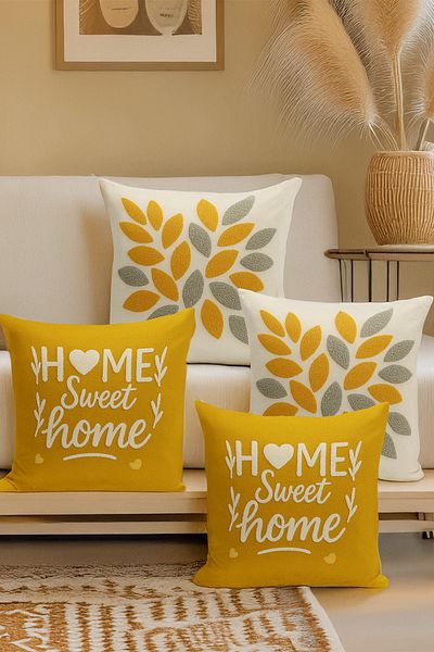 Bertille Home Set de 4 huse de pernă cu imprimare digitală dublă (aspect de broderie cu model de puncție)
