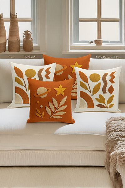 Bertille Home Set de 4 huse de pernă cu imprimare digitală dublă (aspect de broderie cu model de puncție)