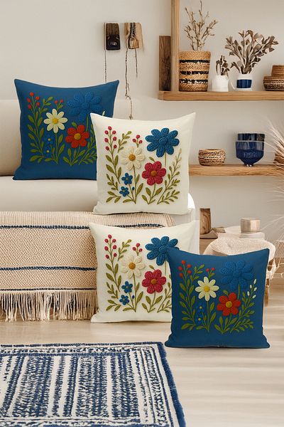 Bertille Home Set de 4 huse de pernă cu imprimare digitală dublă (aspect de broderie cu model de puncție)