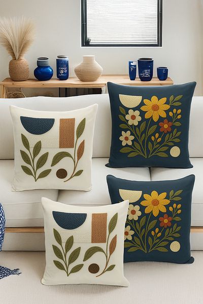 Bertille Home Set de 4 huse de pernă cu imprimare digitală dublă (aspect de broderie cu model de puncție)