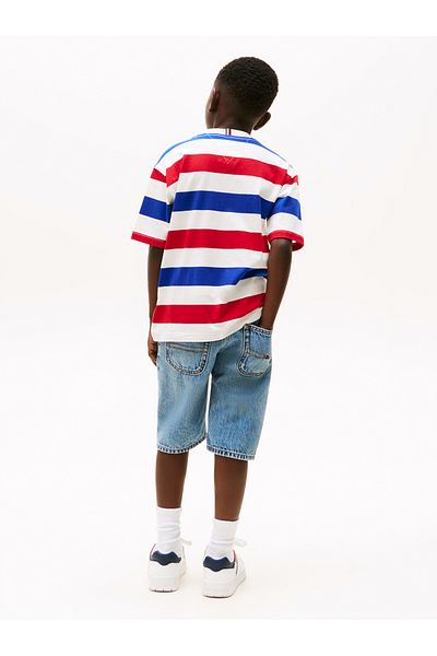 Tommy Hilfiger Boys Red Blue White Stripe Flag Embroidery Crew Neck T-Shirt