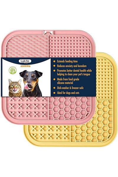 Lukito Set de 2 covorașe pentru hrănirea animalelor de companie LUKITO, silicon, roz/galben, 20 x 20 cm