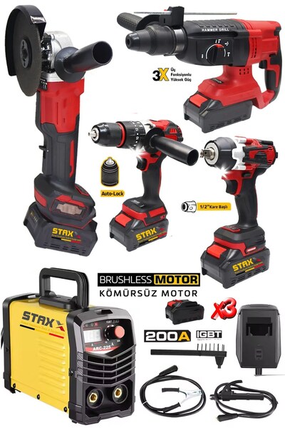 STAXX POWER Süper Seri 5'li 200A Kaynak Makinesi + 3Akülü Şarjlı Somun Sıkma Taşlama Kırıcı Delici Matkap Seti
