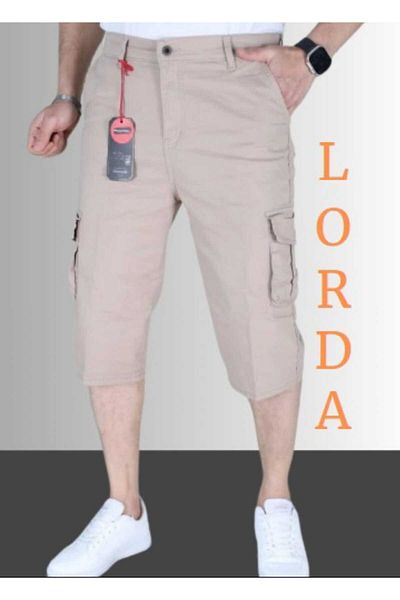 LORDA GİYİM Κρεμ Ανδρική Slim Fit Capri Lycra Gabardine/καμβάς Cargo Bermudas με τσέπες