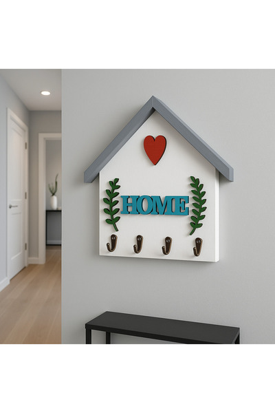 Efem Dekor Ahşap Ev Şeklinde Duvar Anahtarlık Askılığı – HOME Yazılı Dekorati...