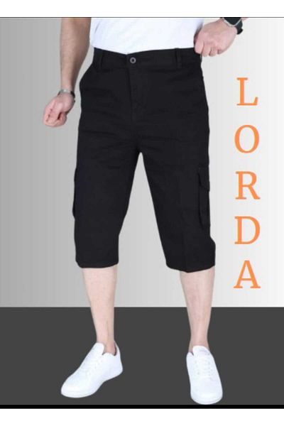 LORDA GİYİM Μαύρο ανδρικό Slim Fit Capri Lycra Gabardine/καμβάς Cargo Bermudas με τσέπες