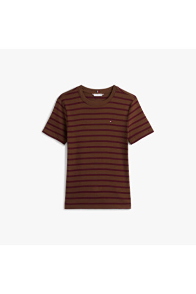 Tommy Hilfiger Women Legacy Brown/ Deep Burgundy Slim Fit Crew Neck T-Shirt