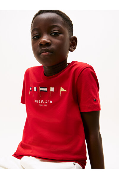 Tommy Hilfiger Boys Primary Red Multi-Flag Embroidery Crew Neck T-Shirt