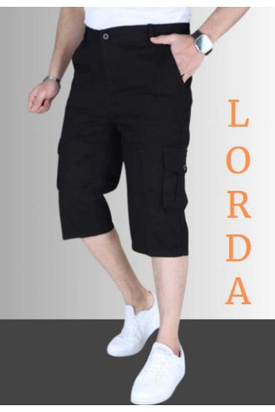 LORDA GİYİM Μαύρο ανδρικό Slim Fit Capri Lycra Gabardine/καμβάς Cargo Bermudas με τσέπες