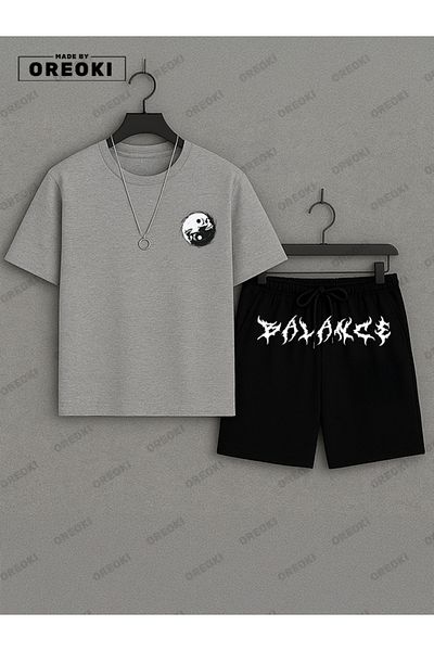 EFFRENATU Balance Printed Cotton Fabric Men's Gray T-Shirt-Black Shorts Set