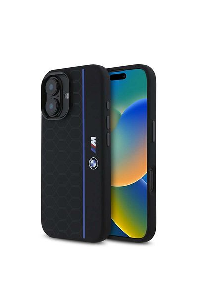 BMW Carcasă pentru iPhone 16 - BMW Hardcase Silicone Hexagon Blue Line MagSafe (BMHMP16S23SHEB) - Negru