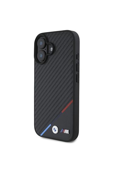 BMW Case for iPhone 16 Plus - BMW Leather Carbon Tricolor Line MagSafe (BMHMP16M23PUDTK) - Black