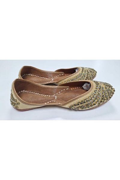 Generic Women's Traditional Punjabi Jutti, Wedding Mojari Flats, Gold Crystal Embellished, Brown