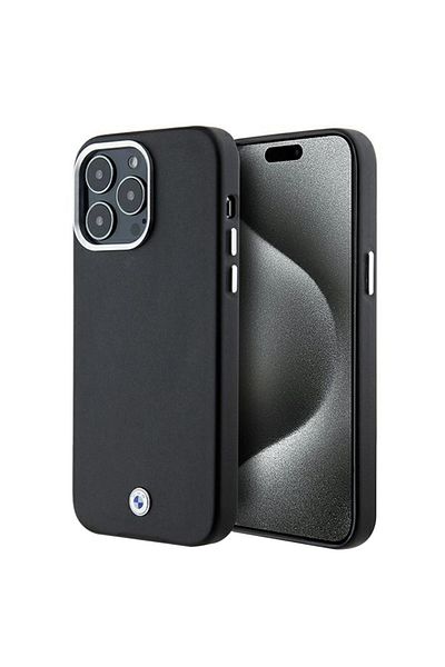 BMW Husă pentru iPhone 15 Pro - BMW Leather Signature Wrapped Metal MagSafe (BMHMP15L23PUFWK) - Negru