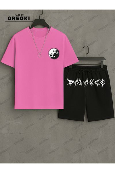 EFFRENATU Balance Printed Cotton Fabric Men's Pink T-Shirt-Black Shorts Set