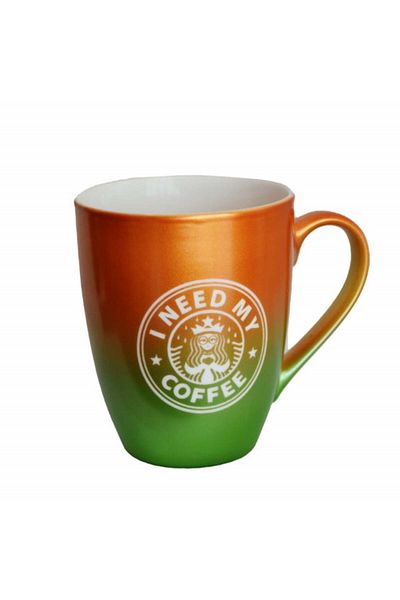 PUFO Need Coffee Ceramic Mug, For Tea, Coffee, Juice, 360 Ml, Yellow/green