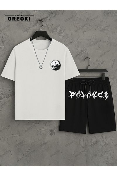 EFFRENATU Balance Printed Cotton Fabric Men's White T-Shirt-Black Shorts Set