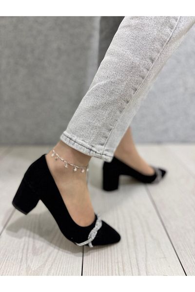 ayakkabiyolla Black Suede Cross Pearl Evening Dress Shoes