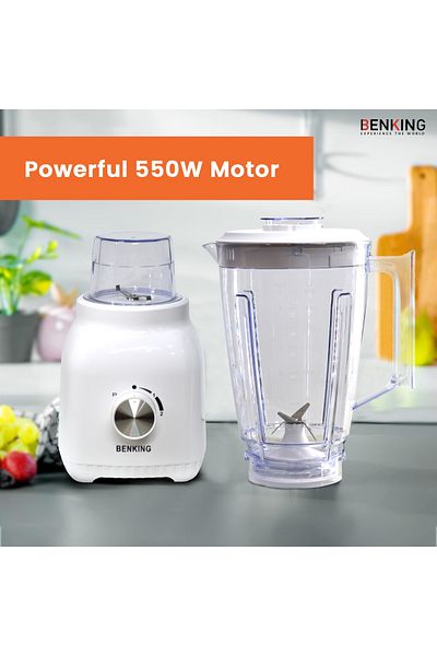 BENKING 2-in-1 Countertop Blender, 550W | 1.5L Plastic Jug | Stainless Steel Blades for Shakes