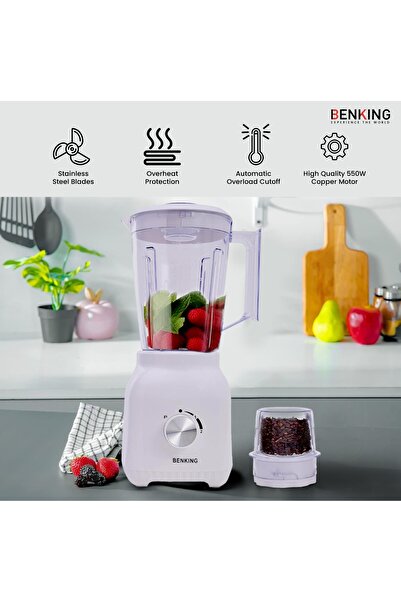 BENKING 2-in-1 Countertop Blender, 550W | 1.5L Plastic Jug | Stainless Steel Blades for Shakes