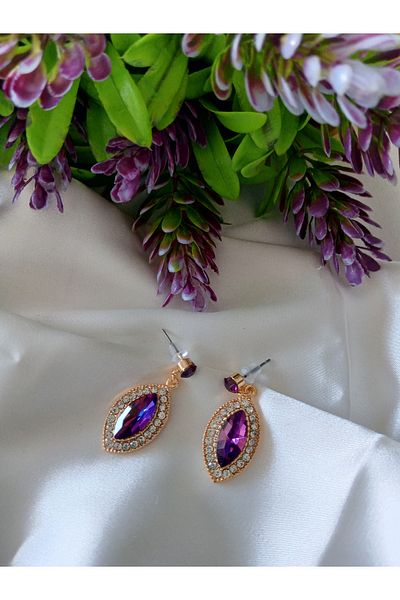 Pervin Ablacım Handmade Purple Stone Gold Dangle Shuttle Earrings Steel