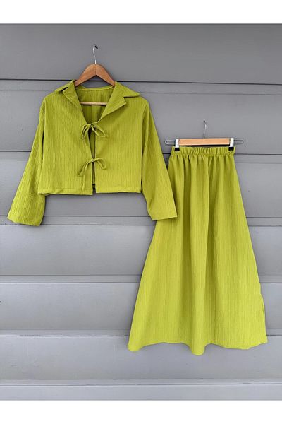 fh fashionhere Women's Relaxed Cut Fat Green Kimono Two-Tie Seersucker Skirted Hijab/Daily Suit