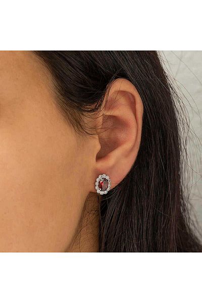 norsary Silver Red Flower Patterned J Earrings