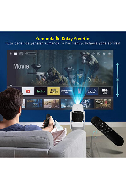 KETENOFFİCİAL Taşınabilir Powerbankli Kablosuz Android Projeksiyon 4K Full Hd Rgb Işıklı Sinema Projektör Kamp
