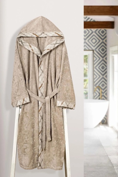 Pupilla Collection Ανδρικό μπουρνούζι 1 τεμαχίου από χτενισμένο βαμβάκι Jacquard με γιακά - Καφέ γαλακτώδες