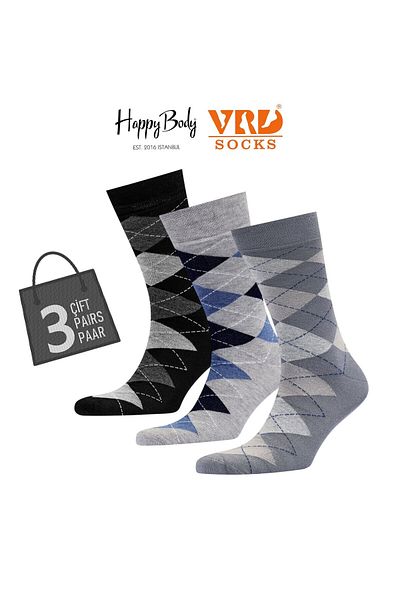 Happy Body Bamboo Men's 3-Piece Special Scarce Socket Patterned Washed Fabric Non-Smearing Rubber Seamless Toe End
