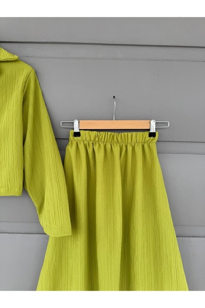 fh fashionhere Kadın Rahat Kesim Yağ Yeşili Kimono Iki Bağlamalı Gofre Kumaş Etekli Tesettür/günlük Takım