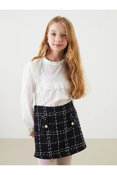 LC Waikiki Lcw Kids Black Elastic Waist Girls' Tweed Shorts Skirt