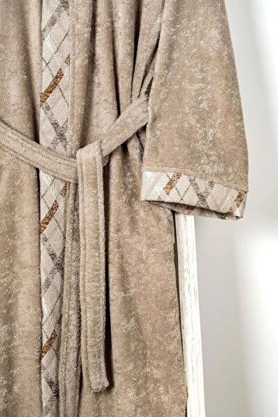 Pupilla Collection 1 Piece Janti Combed Jacquard Collared Men's Bathrobe - Milk Brown