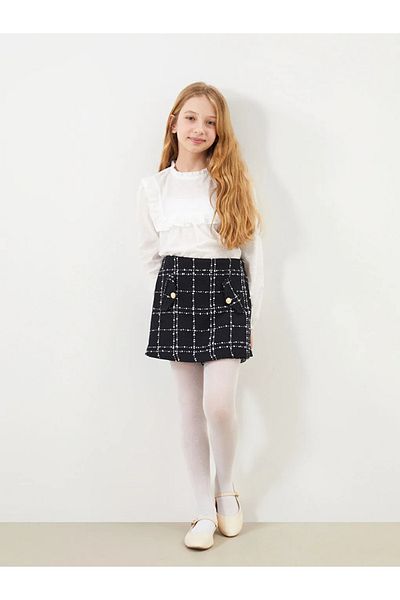 LC Waikiki Lcw Kids Black Elastic Waist Girls' Tweed Shorts Skirt