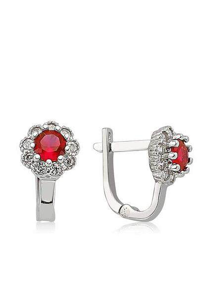 norsary Silver Red Flower Patterned Round J Women's Earrings