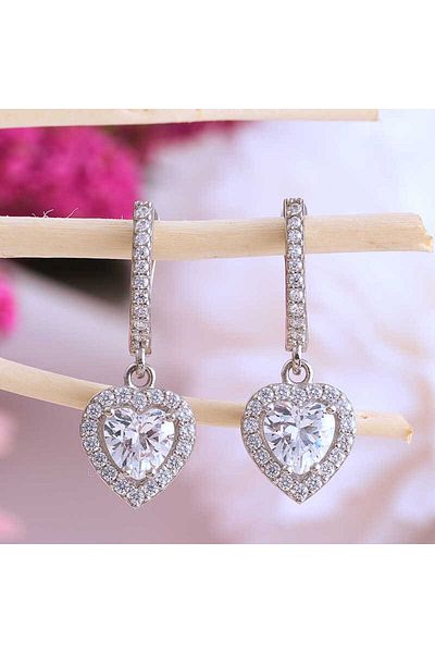 norsary Silver White Jewelled Heart Women's Earrings
