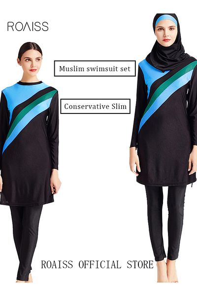 ROAISS 3-Piece Women Conservative Colorblock Swimsuit Set Muslim Sun Protection Swimwear Swimming Trousers