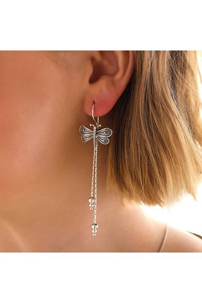 norsary Silver Filigree Dangle Dragonfly Women's Earrings