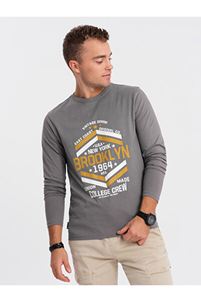 OMBRE Bedrucktes Langarmshirt im College-Stil für Herren – grau V1 OM-LSPT-01...