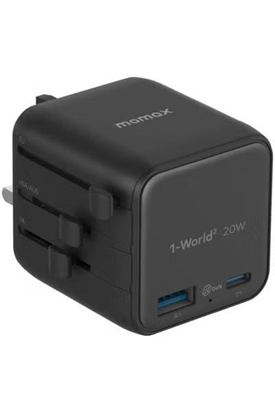 Momax 1-World 20W Universal 2 Port Travel Adaptor Volt 100-240V USB-C / USB-A - Black